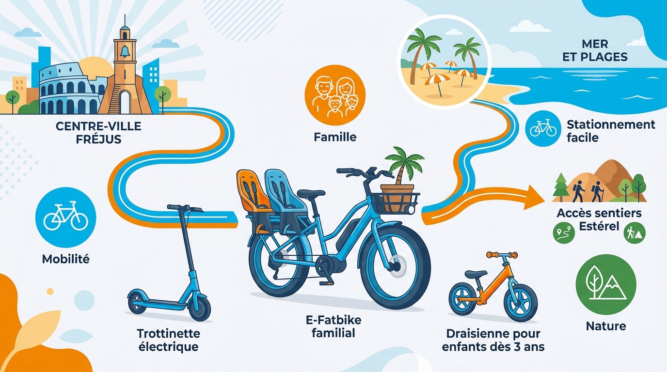 Famille profitant d'une balade en vélo électrique sur le littoral de Fréjus